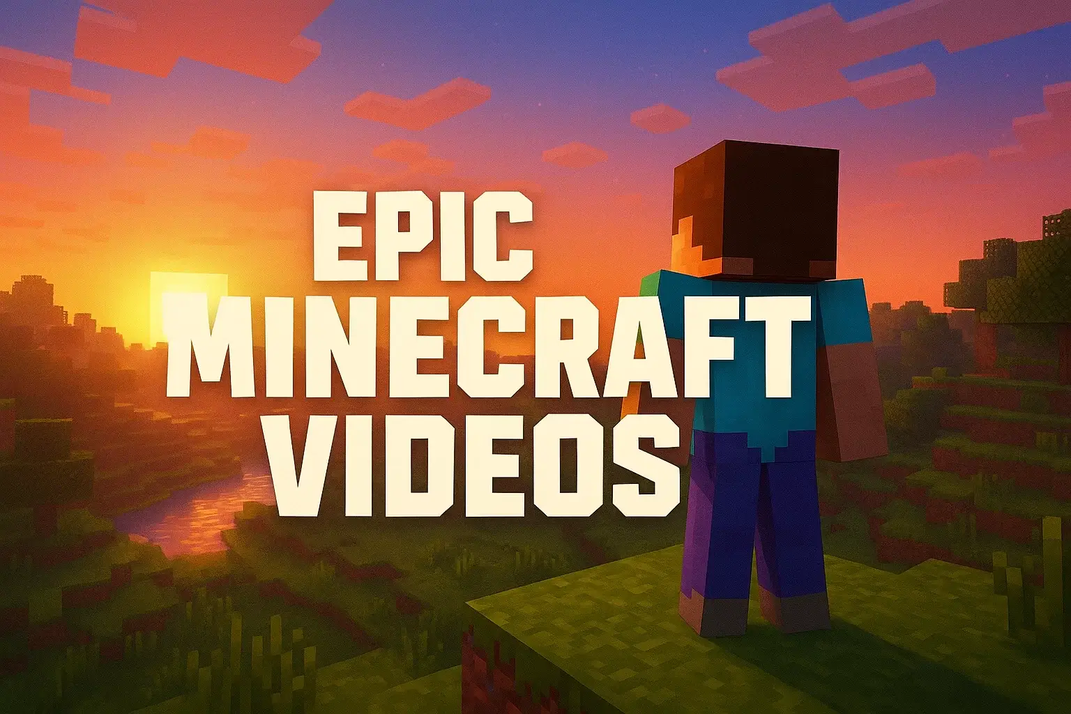 Minecraft Videos – player exploring a pixel world at sunset